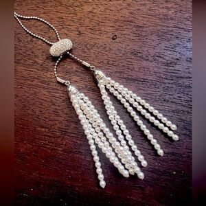 TSC Swarovski Crystal Bar Pearl Tassel Necklace